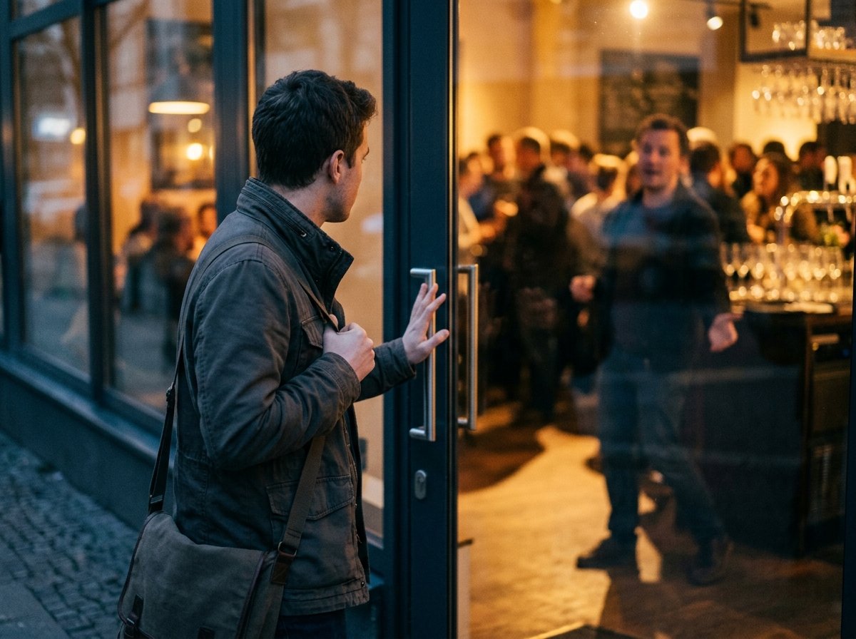 Persona de espaldas frente a la puerta de un café lleno de gente, dudando antes de entrar.