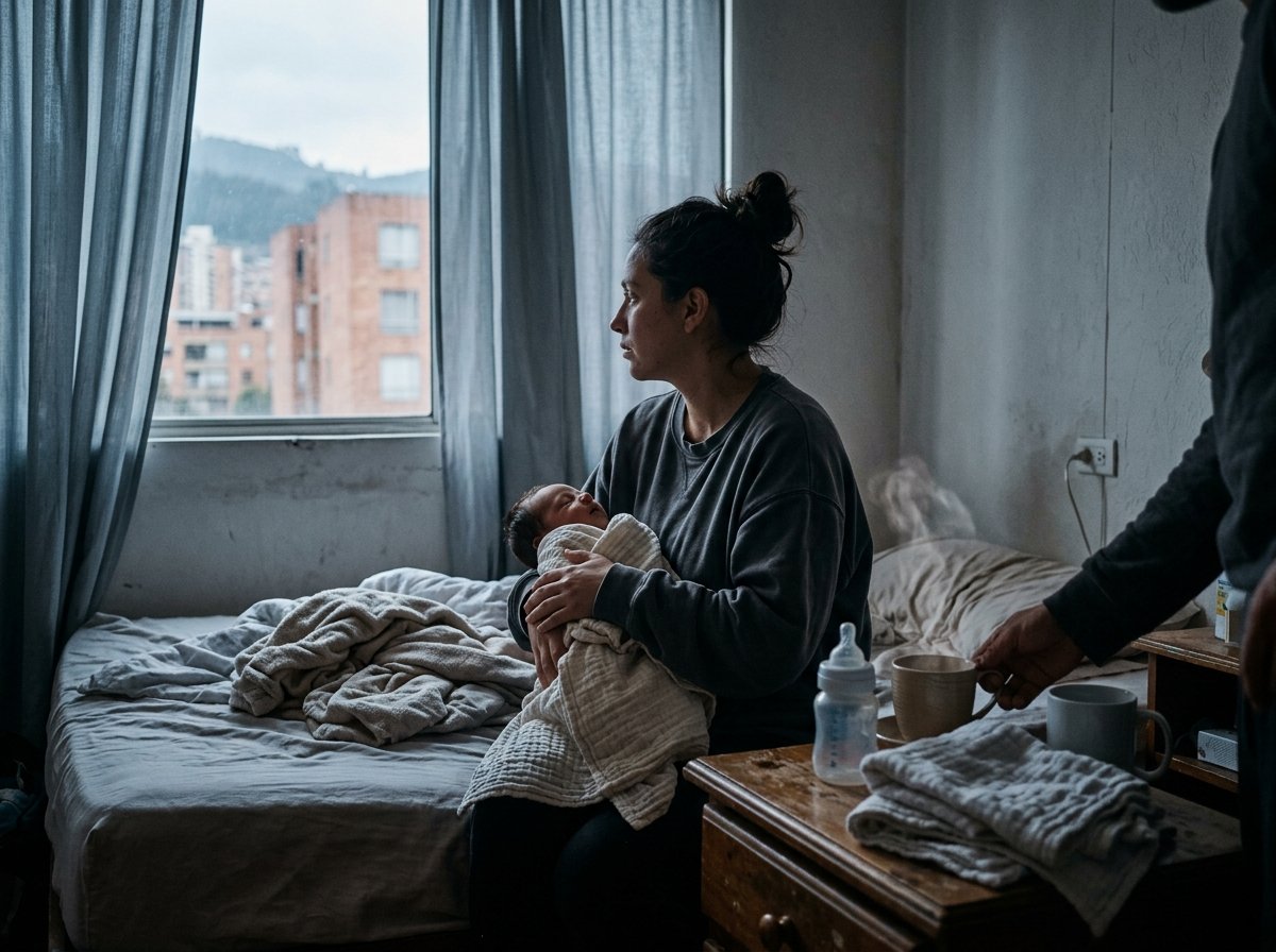 Mujer sentada al borde de la cama con su bebé dormido en brazos, mirando por la ventana al amanecer, mientras su pareja deja una taza a su lado.