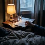 Mesa de noche con un cuaderno de sueños abierto y una fotografía familiar antigua boca abajo.
