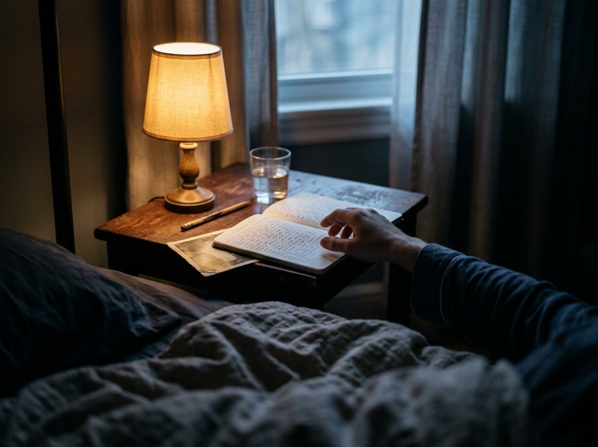 Mesa de noche con un cuaderno de sueños abierto y una fotografía familiar antigua boca abajo.
