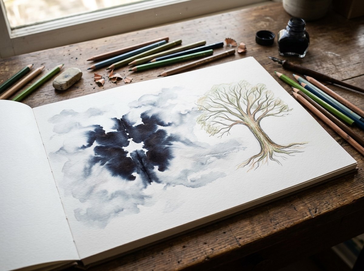 Manos de un niño dibujando una casa y un árbol con lápices de colores durante una evaluación psicológica.