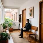Persona esperando en una sala luminosa con dos puertas cerradas y plantas, con un cuaderno sobre las rodillas.