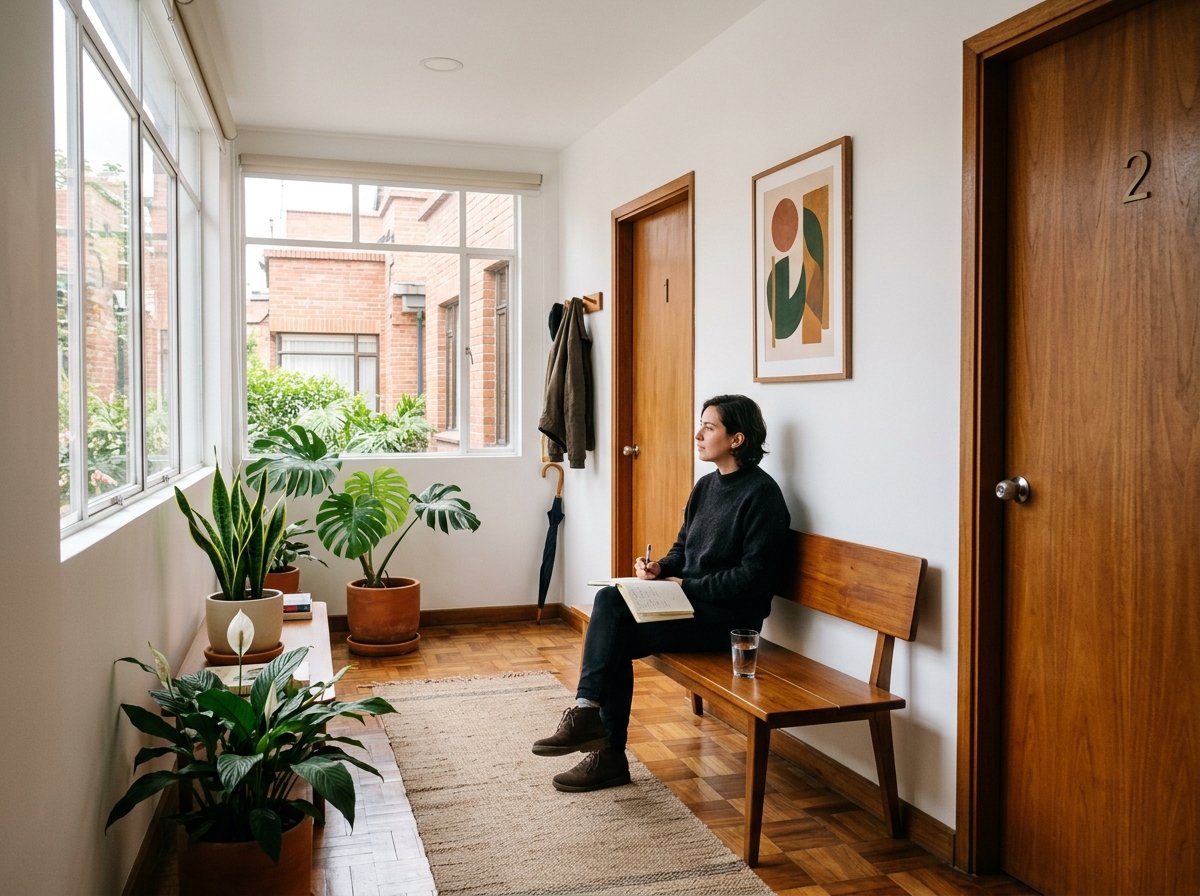 Persona esperando en una sala luminosa con dos puertas cerradas y plantas, con un cuaderno sobre las rodillas.