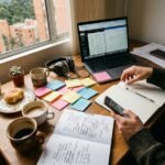 Escritorio con tazas, notas adhesivas y celular, y un cuaderno en blanco en el centro donde una mano está por escribir.