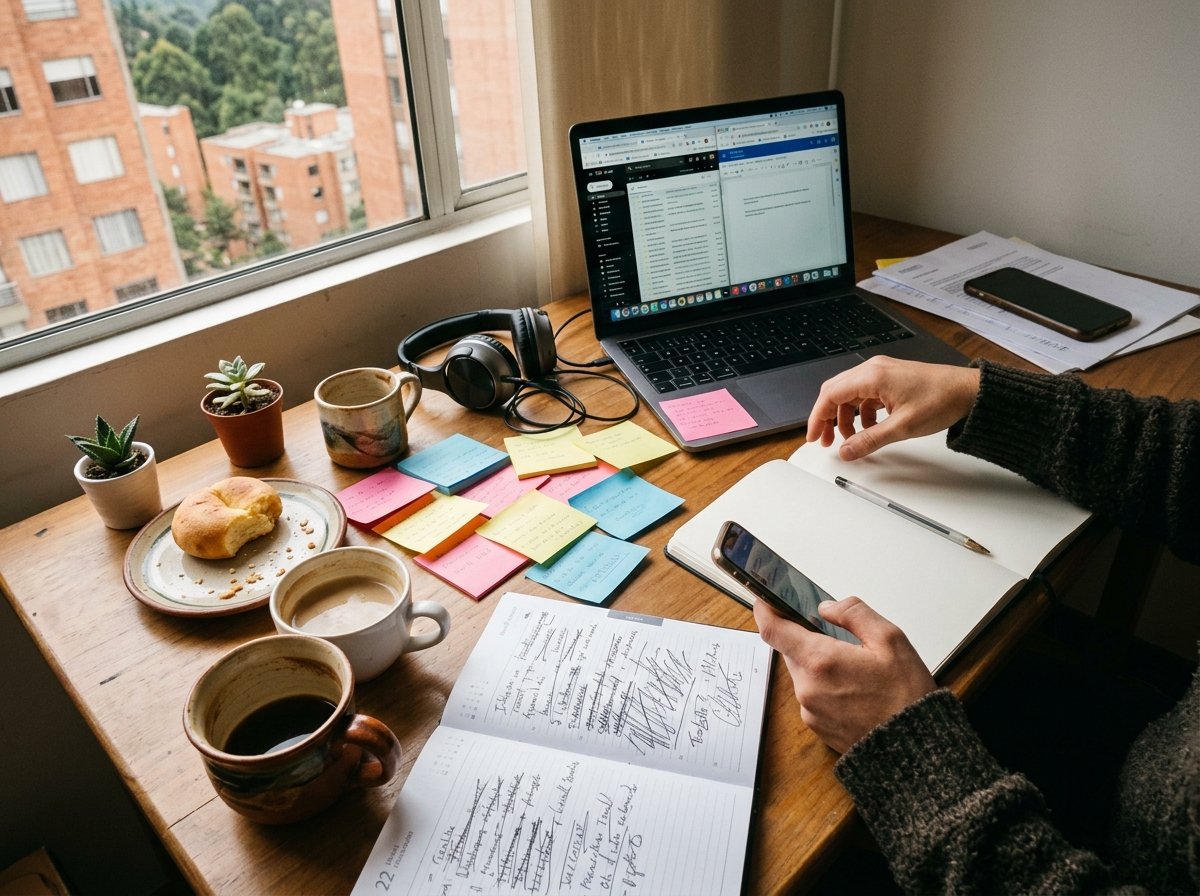 Escritorio con tazas, notas adhesivas y celular, y un cuaderno en blanco en el centro donde una mano está por escribir.